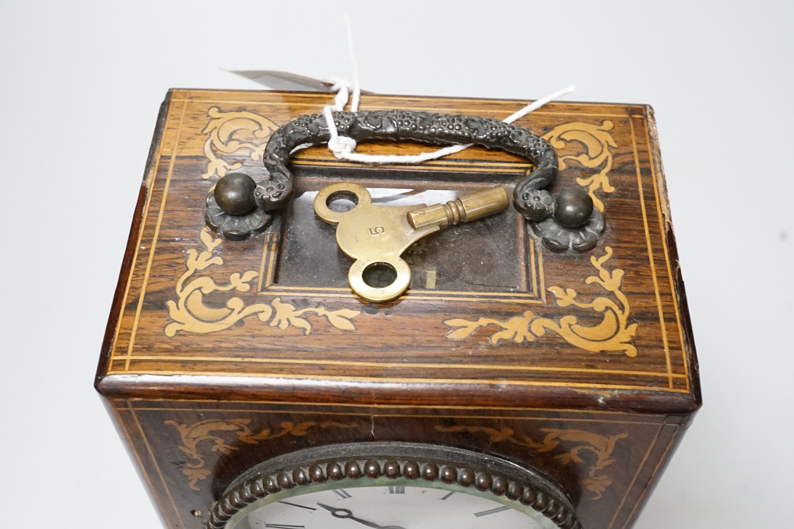 A 19th century French rosewood and marquetry mantel clock, 23cm tall